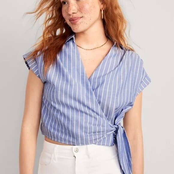 Old Navy Wrap-Front Cropped Oxford Sarong Top - Picture 1 of 6